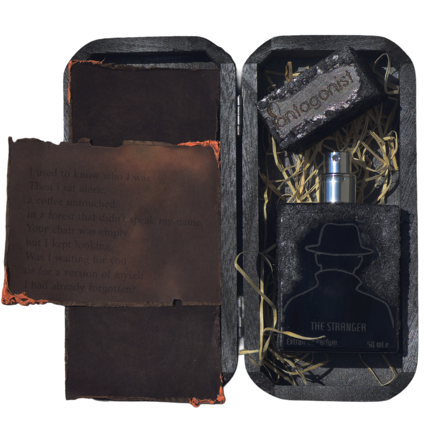 Handmade bottle detail – The Stranger fragrance with damp forest, coffee, and earthy woods