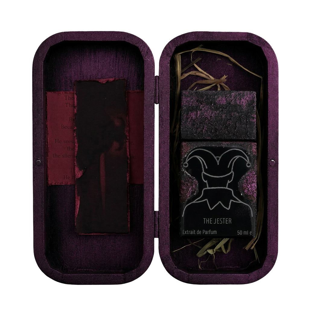 The Jester 50ml Extrait de Parfum in handcrafted purple wooden presentation box
