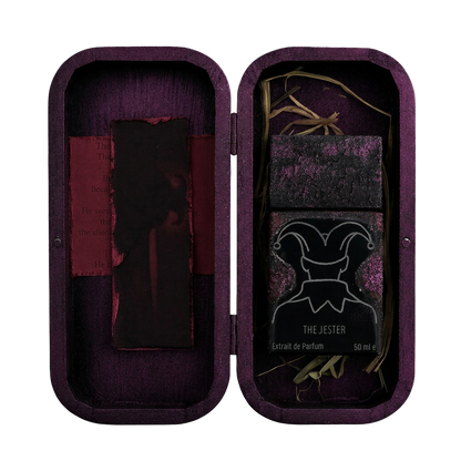 The Jester 50ml Extrait de Parfum in handcrafted purple wooden presentation box