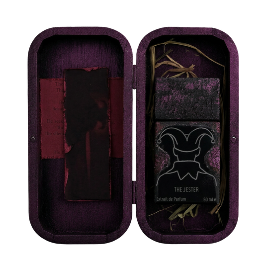 The Jester 50ml Extrait de Parfum in handcrafted purple wooden presentation box