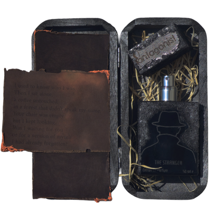 Handmade bottle detail – The Stranger fragrance with damp forest, coffee, and earthy woods